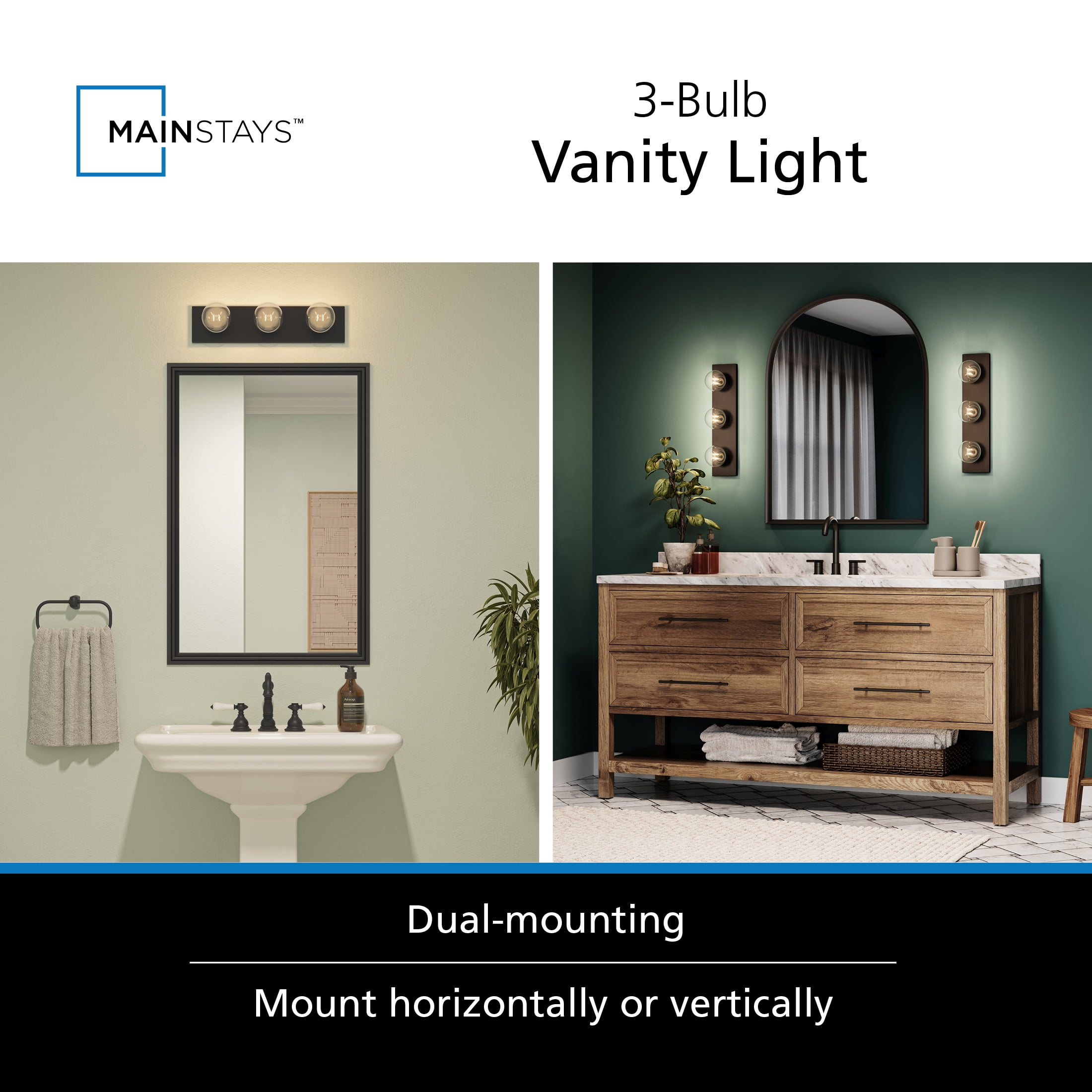 Mainstays Hollywood Style 60-Watt 3-Light Matte Black Bathroom Vanity Light Fixture