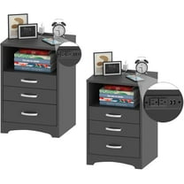 VEANERWOOD Nightstand Set of 2 with 3 Drawers and Charging Station 24" H End Side Table, Black