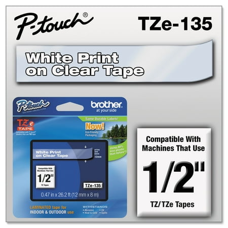 Brother P-Touch TZe Standard Adhesive Laminated Labeling Tape, 1/2"w, White on Clear