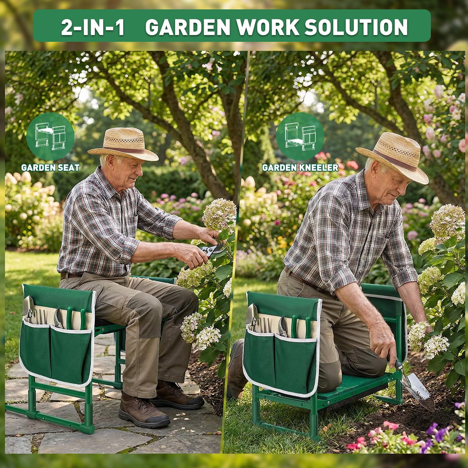 Garden Kneeler and Seat for Seniors – Heavy Duty Anti-Tip Gardening Stool with Widened Thick Soft Kneeling Pad, Foldable Garden Bench with Sturdy Handles, Gardening Gifts for Women Men Mom (Green)