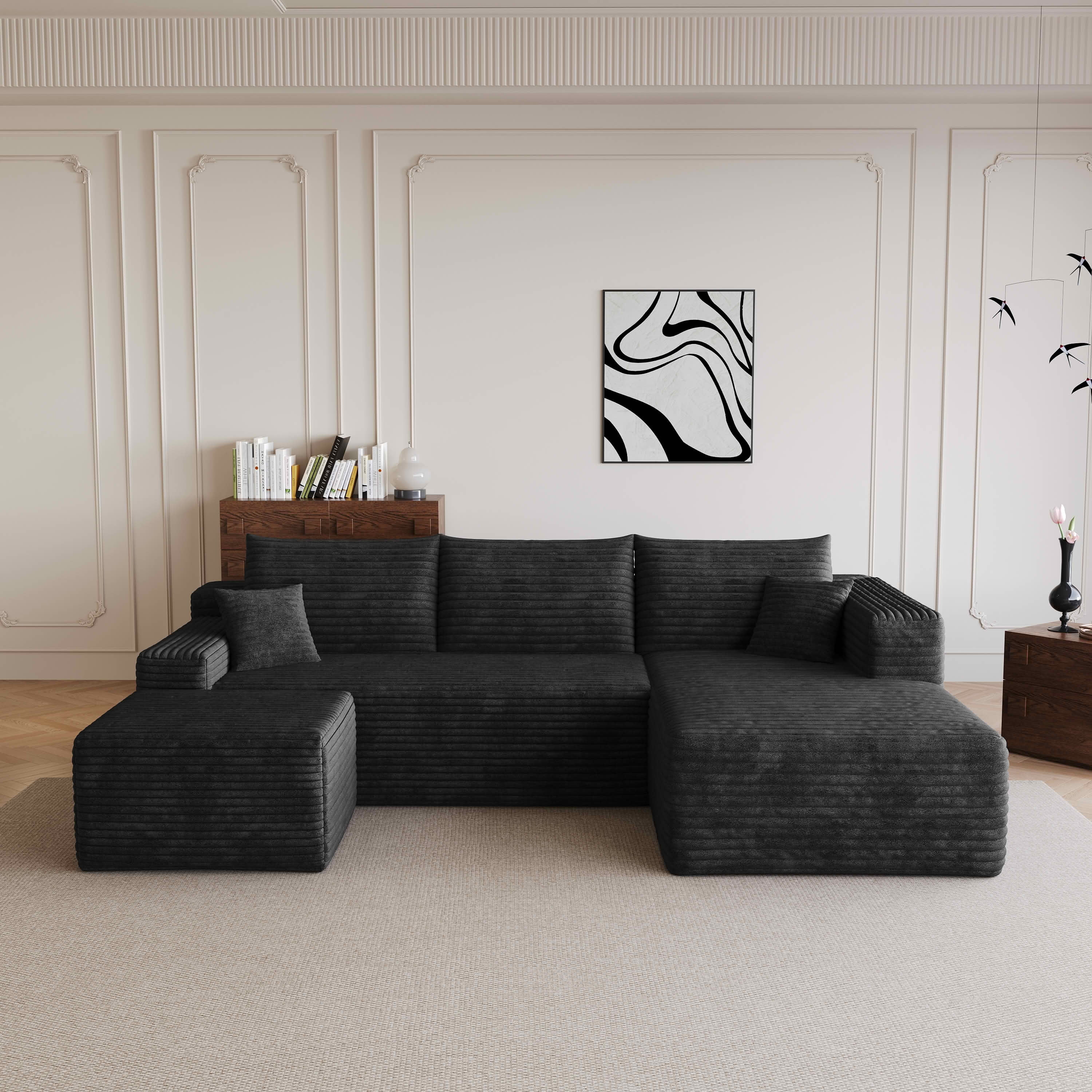 MAYEERTY 95" Cloud Sectional Sofa with Ottoman, U-Shaped Corduroy Deep Seat Couch, No Assembly for Living Room, Black