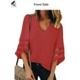 thumbnail image 4 of PULLIMORE Womens Casual V Neck Blouse Plus Size Bell Sleeve Mesh Panel Shirt Tops (M, Wine Red), 4 of 9