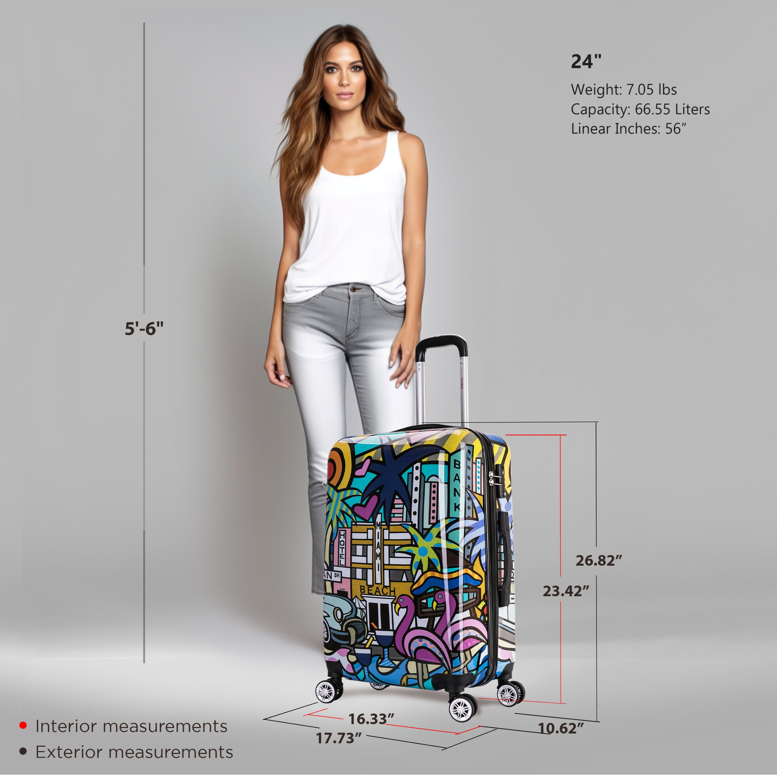 InUSA Print 24" Hardside Checked Luggage with Spinner Wheels, Handle and Trolley, Miami