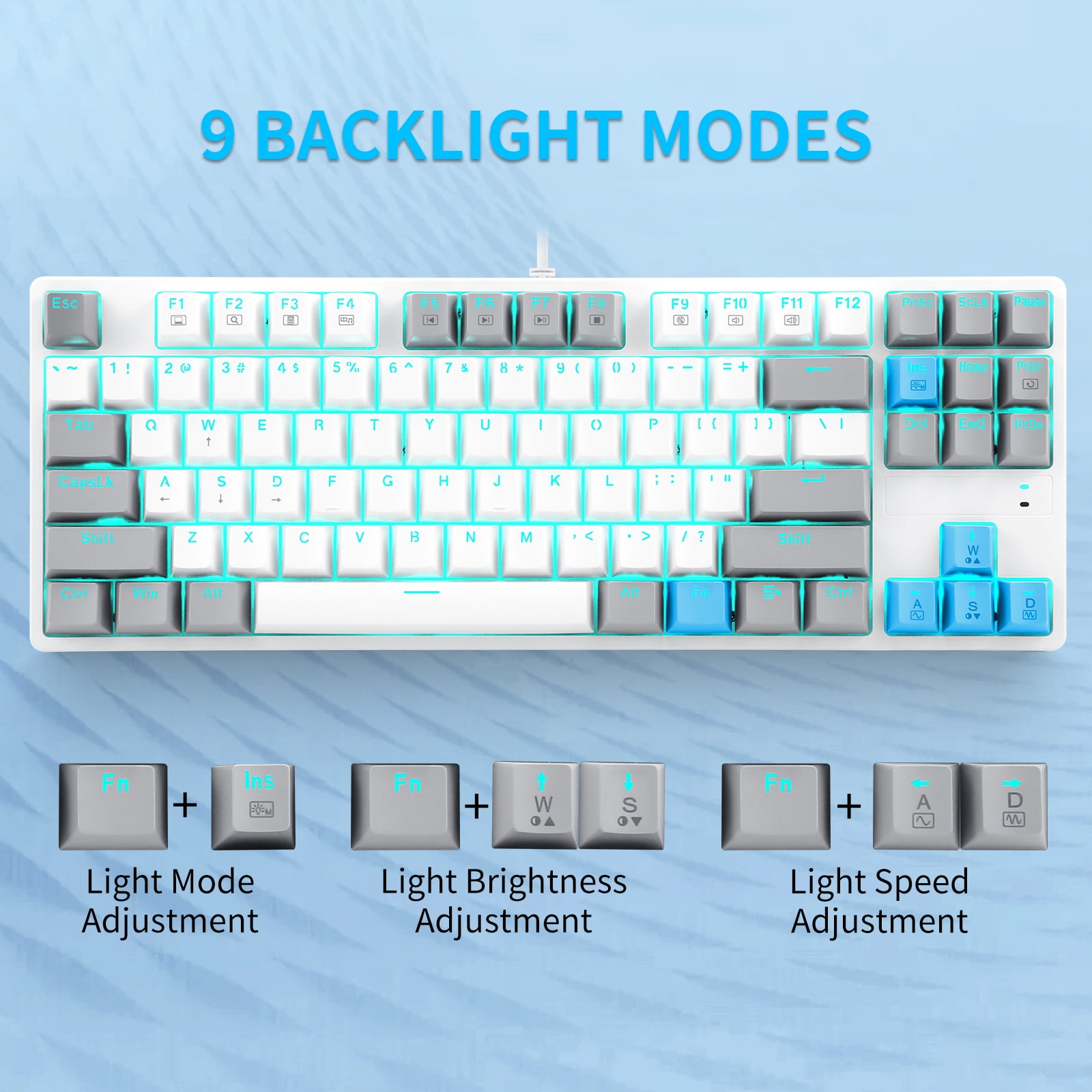 80% Mechanical Gaming Keyboard with Red Switch, E-YOOSO LED Blue Backlit  Keyboard, 87 Keys Compact TKL Wired Computer Keyboard for Windows Laptop PC  Gamer White/Grey