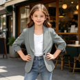 thumbnail image 5 of Grblisyd Girls Solid Color Lapel Suit Coat Button Down Half Long Seeve Blazer Jacket, 5 of 8