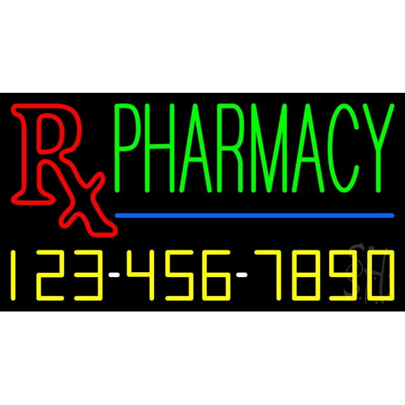 Pharmacy with Phone Number LED Neon Sign 20 x 37 - inches, Black Square Cut Acrylic Backing, with Dimmer - Bright and Premium built indoor LED Neon Sign for Defence Force.