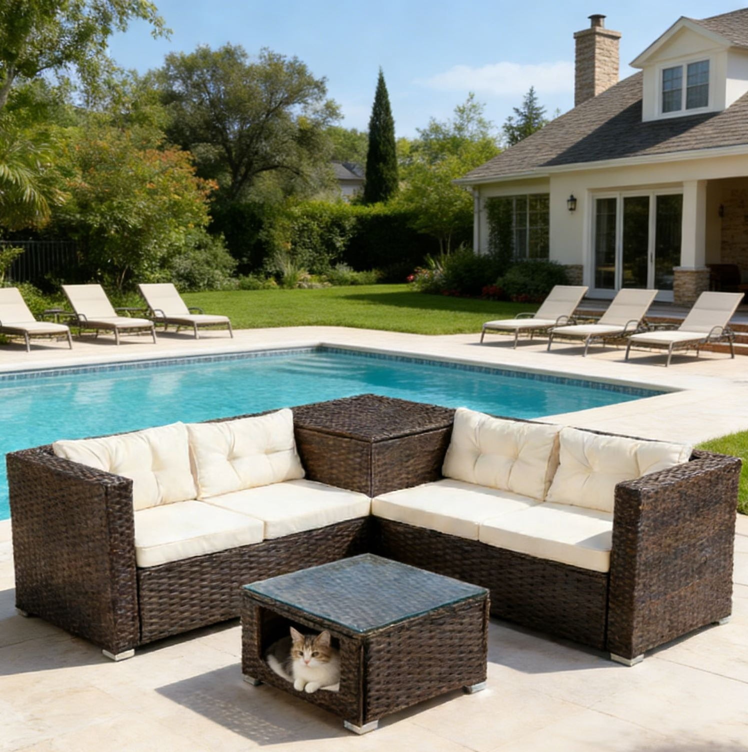 Ktaxon 4-Piece Patio Brown Rattan Sofa Set, 2 Loveseats with Storage & Pet Coffee Table, Beige Cushions, Boho Chic Living Room Furniture