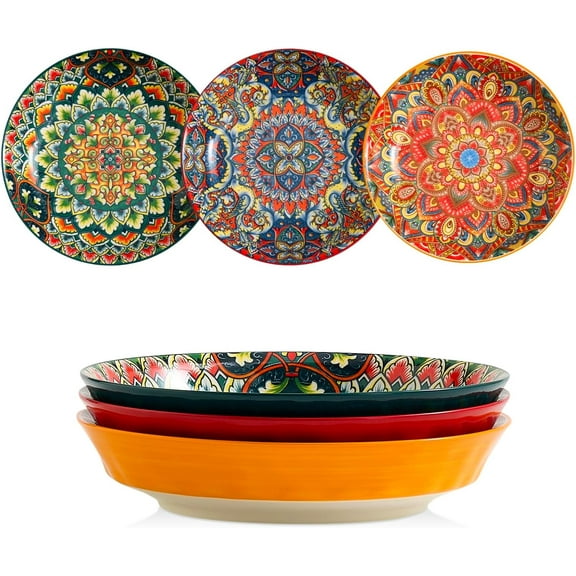Ceramic Pasta Bowls Set - 8 inch 32 oz Serving Bowls, Set of 6, Colorful Dinner Bowls for Soup,Salad, and Pasta, Kitchen, Microwave, Dishwasher Safe, mexican, Bohemian Style