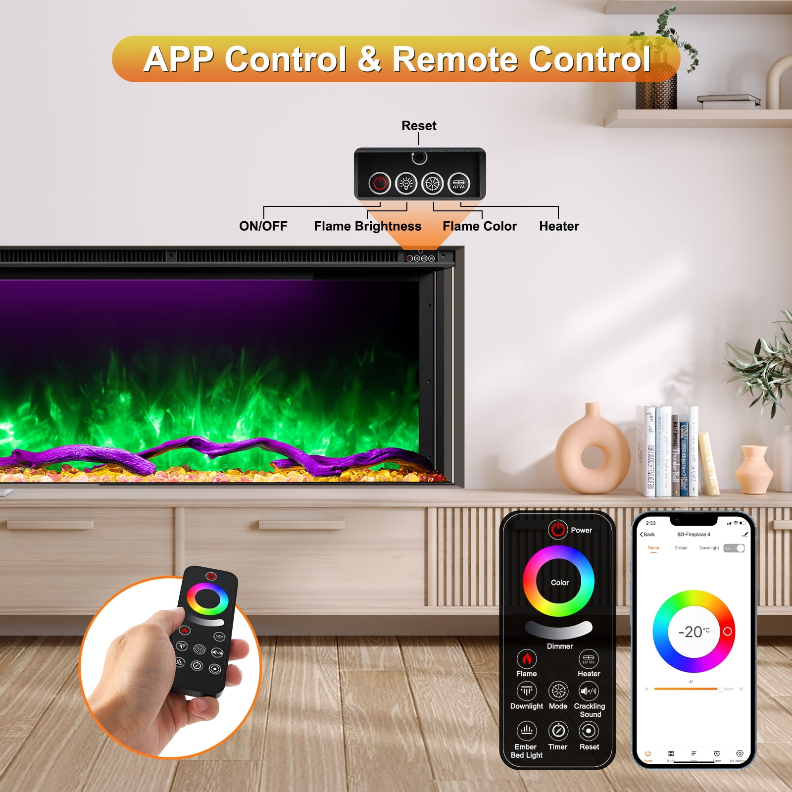 OSEYM 3 Sided Electric Fireplace 80 inch, Smart Built-in Linear Fire Places Heater 1500/750W with 251RGB LED Flames, APP & Remote Control, Cracking Sound, Timer, Log & Crystal