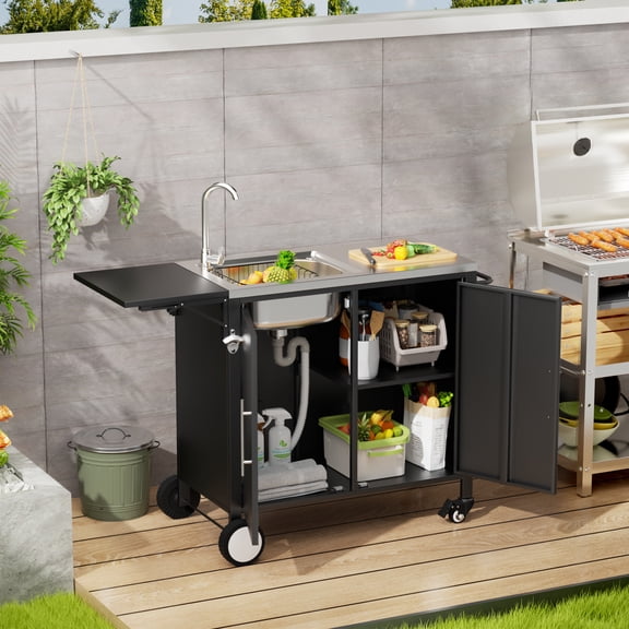 Noble House Outdoor Stainless Steel Grill Table, Rolling Kitchen Island Cart with Sink, Foldable Prep Table, Black
