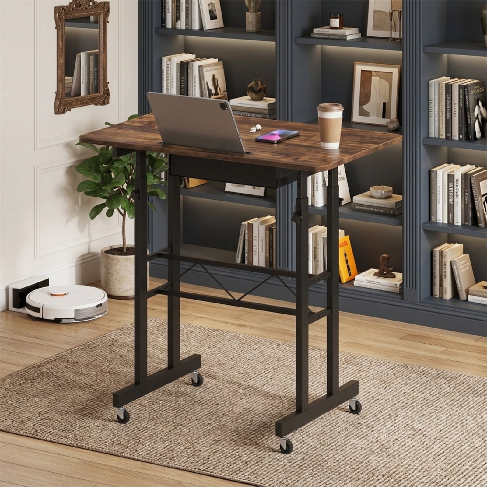 Furnibear Height Adjustable Standing Laptop Desk with Fabric Drawer Tablet Holder Lockable Wheels and Sit Stand Design for Home Office, Rustic Brown