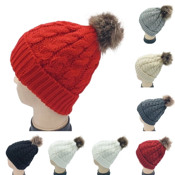 UTSJKR Women's Winter Soft Knit Beanie Hat with Faux Fur Pom Pom Warm Skull Cap Beanies for Women Thick Warm Ear Protection Hood Beige