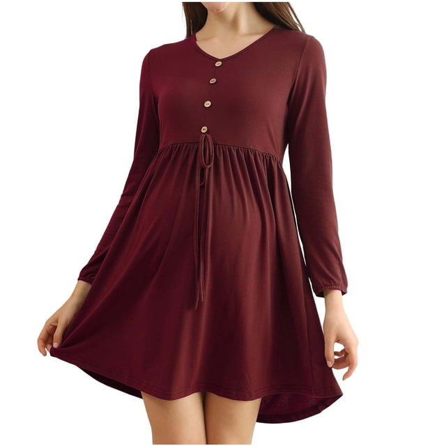 Robe de Maternité pour Femmes, Couleur Unie Col Rond Manches Longues avec Taille Cintrée, Coupe Ample Jupe de Grossesse Confortable pour Extérieur