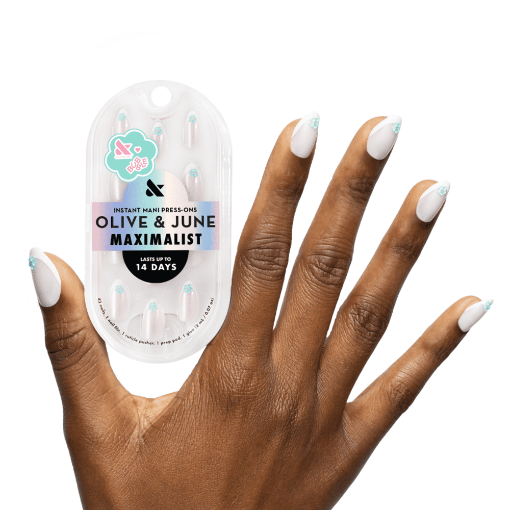 Olive & June + Bubble Instant Mani Medium Almond Press-on Nails, Puffy Flower Chrome French, 42 Pieces