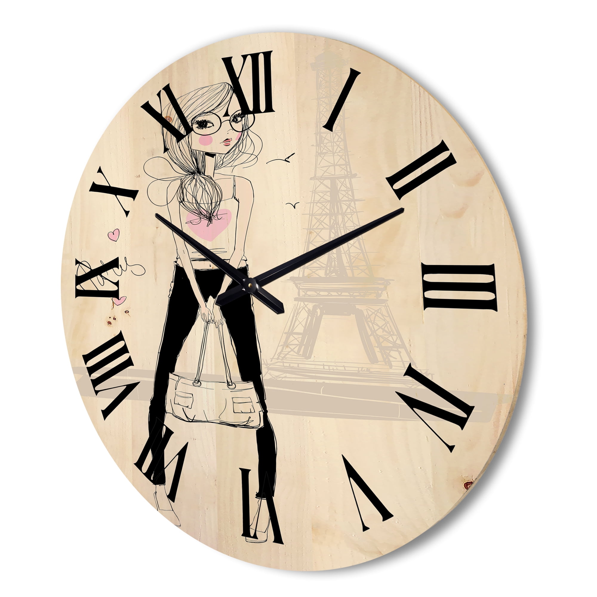 Designart 'Cute Girl By The Tour Paris Eiffel Tower' Children'S Art Wood Wall Clock