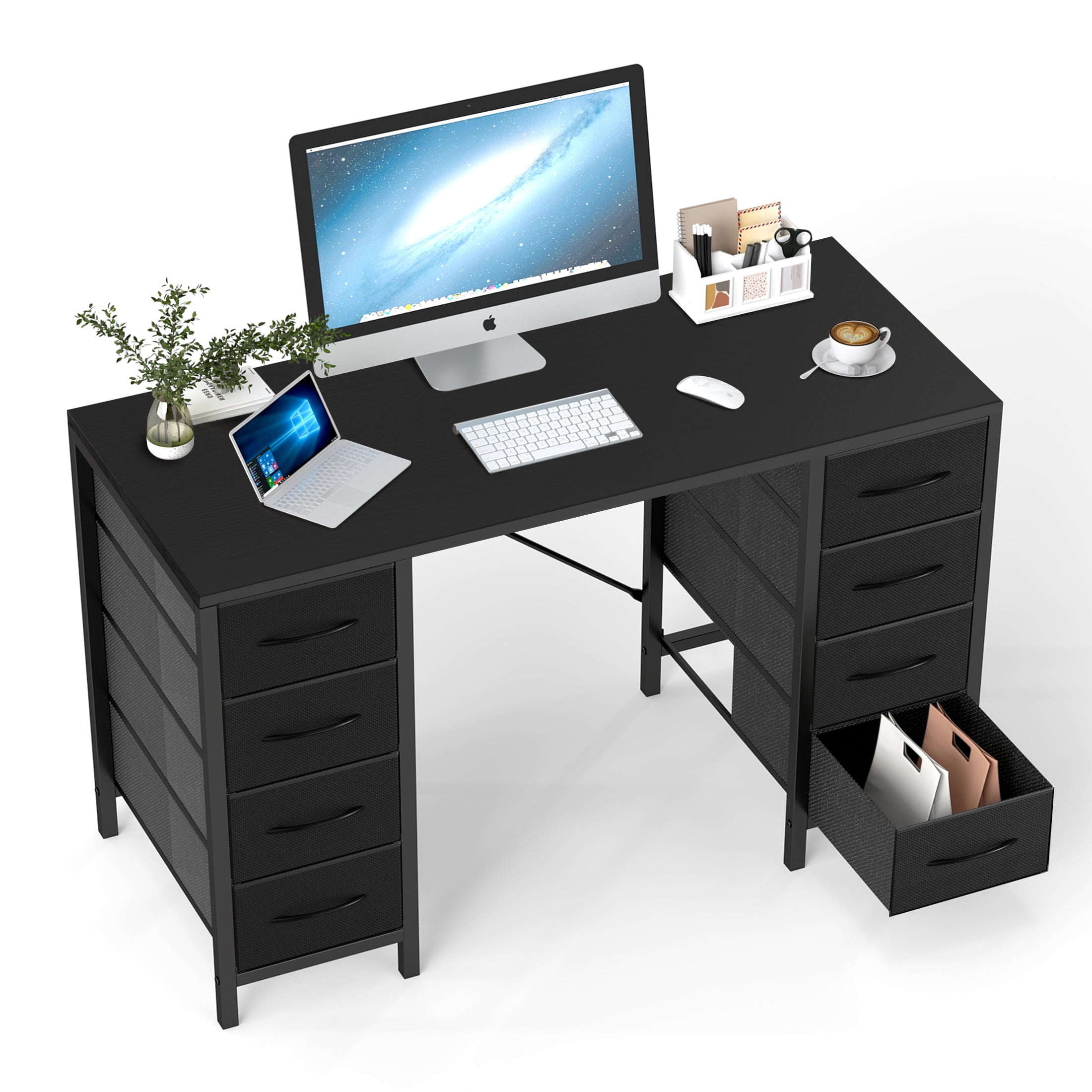 EDX 47 Inch Computer Desk with 8 Fabric Drawer, Home Office Desk with Power Outlets, Large Storage,Black