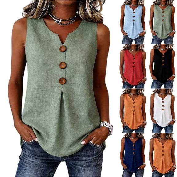 Tank Tops for Women Cotton Linen Button V Neck Sleeveless Shirts Casual Summer Gauze Boho Tops Beach Western Shirts Dark Blue S