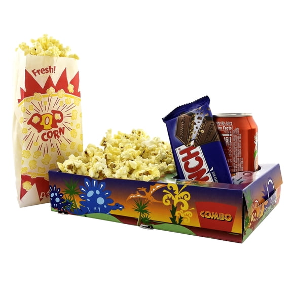 Snappy Dinosaur Movie Night Kit, 18 Pcs, 6 Kids Snack Trays and 12 Burst Popcorn Bags, Disposable, Made in USA