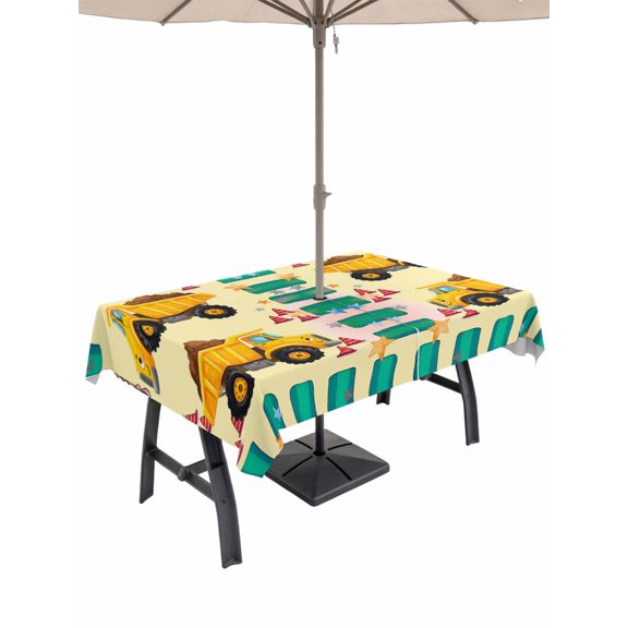 Outdoor Tablecloth with Umbrella Hole for Patio/Picnic/Party/Camping, Yellow Truck Waterproof Table Cloth Rectangle Table Cover Washable, Stars Green Checkered Modern Farmhouse Art (52"x 70")