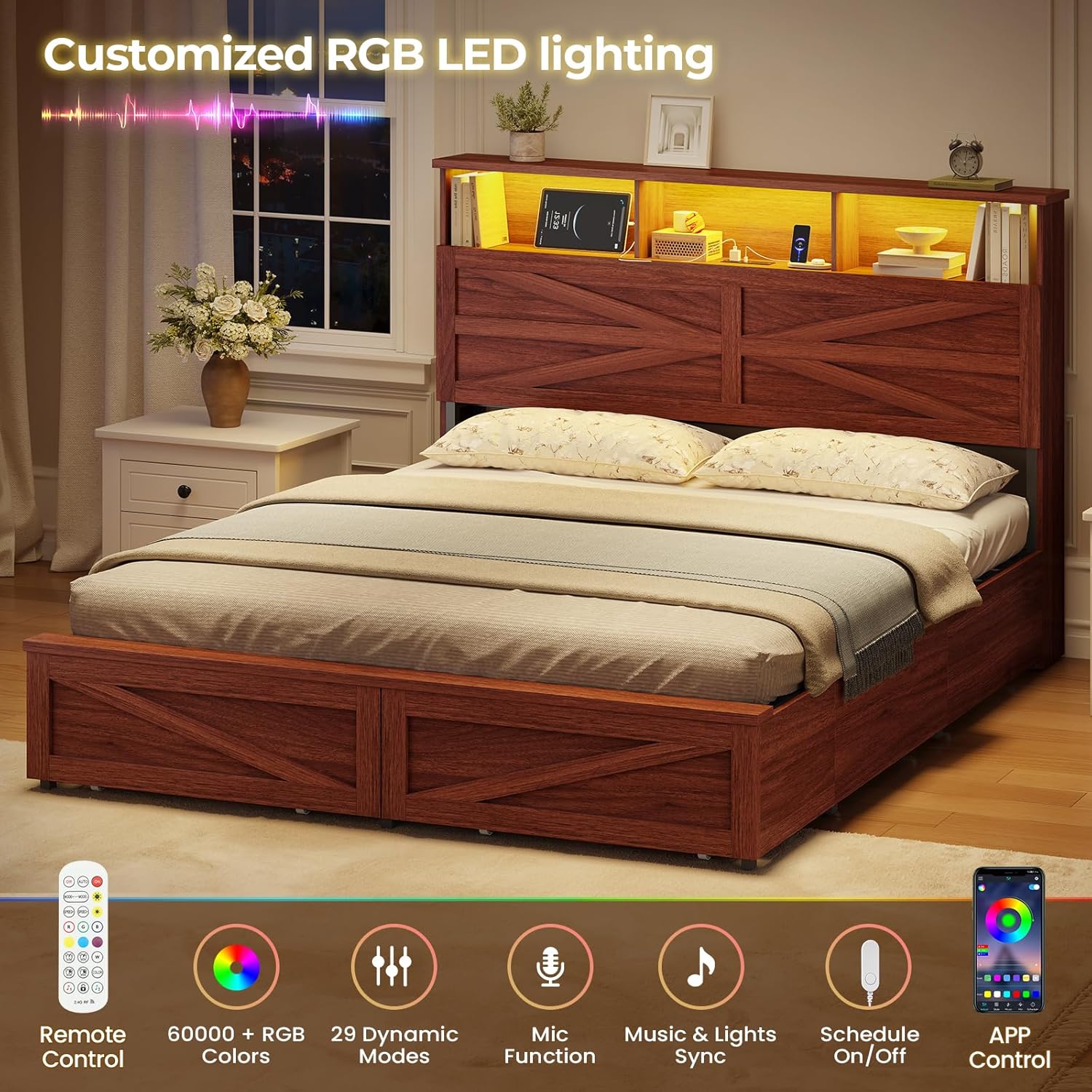 Full Size Bed Frame with 6 Drawers, Farmhouse Bed Frame with Barn Door Headboard and Storage, Wood Platform Bed Frame Full Size with Charging Station and LED Lights, No Box Spring Needed, Brown