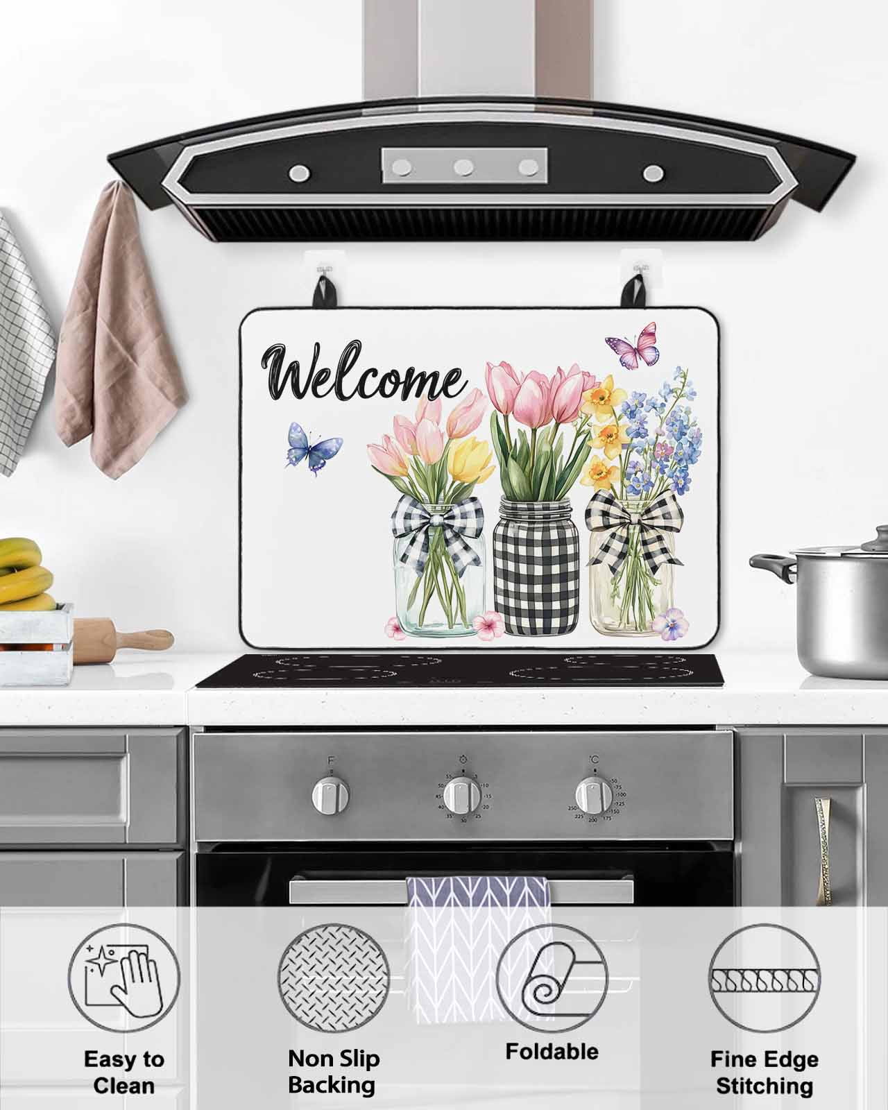 nqOlkjepod Large Induction Cooktop Protector Mat 24"x21", Spring Flowers Stove Top Covers for Electric Stove, Farmhouse Tulip Botanical Watercolor Stove Burner Cover Mats, Glass Top Stove Cover