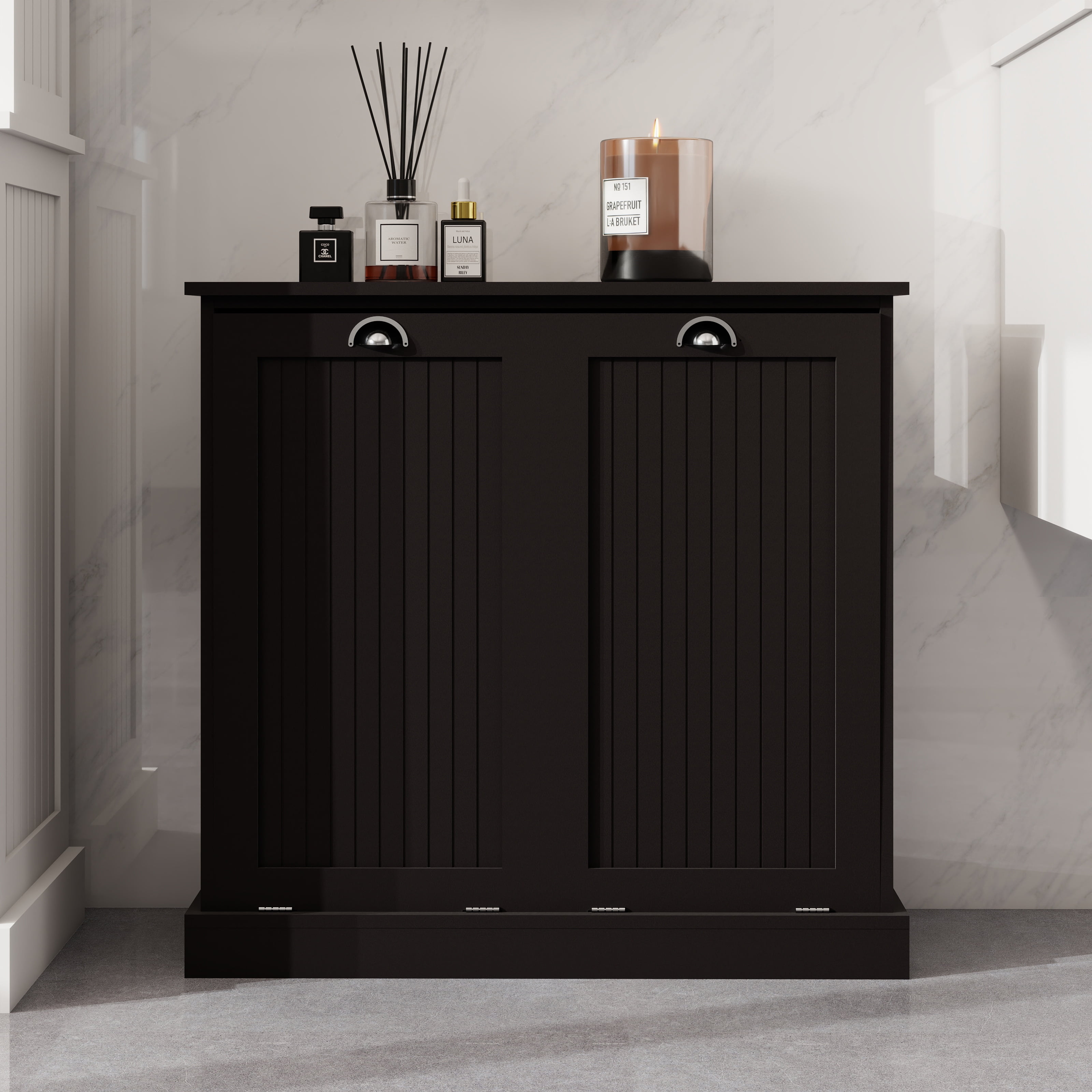 Aukfa Double Tilt Out Laundry Hamper Cabinet,Bathroom Laundry Cabinet with Basket,Black