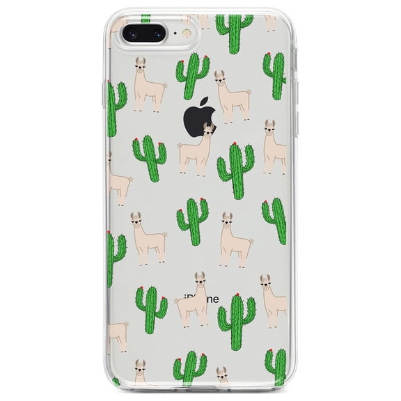 DistinctInk Clear Shockproof Hybrid Case for iPhone 7 PLUS / 8 PLUS (5.5" Screen) - TPU Bumper, Acrylic Back, Tempered Glass Screen Protector - Llamas and Cacti Cactus