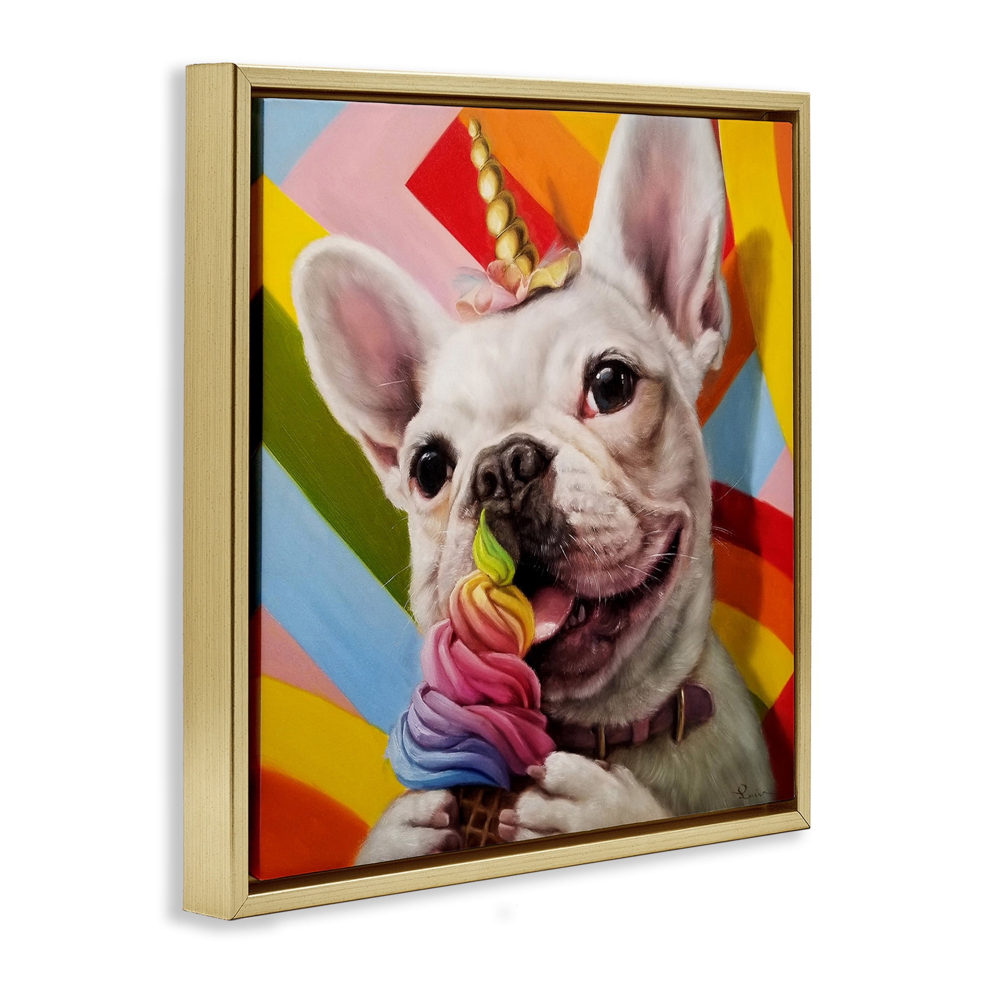 Stupell Industries Rainbow French Bulldog Ice Cream Animals & Insects Painting Gold Floater Framed Canvas Art Print Wall Art, 18 x 18