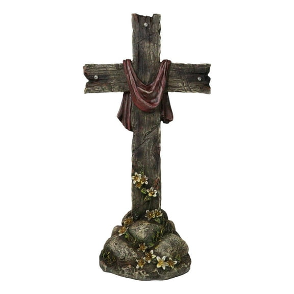 Faux Distressed Wood Scarlet Robe With Rose Of Sharon Standing Cross On Rocks