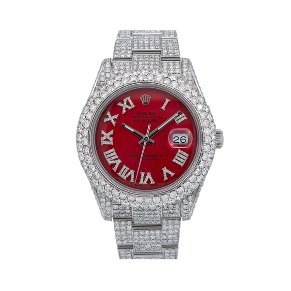 Pre-Owned Rolex Datejust 41MM 116300 Red Roman Diamond Dial Diamond Bezel Stainless Steel Full Diamond Oyster Bracelet