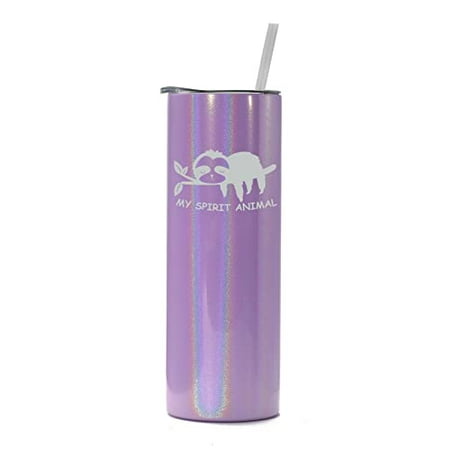 

20 oz Skinny Tall Tumbler Stainless Steel Vacuum Insulated Travel Mug Cup With Straw Sloth My Spirit Animal Funny (Purple Iridescent Glitter)