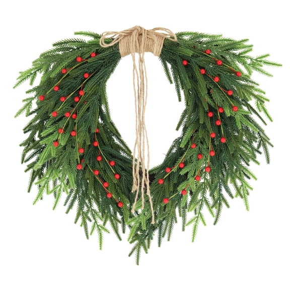 20" Real Touch Norfolk Pine Christmas Wreath with Red Berries & Jute Bow, Lifelike Soft Pine Front Door Wreath for Indoor Outdoor Christmas Holiday Décor, Winter Garland Wall Hanging Decoration