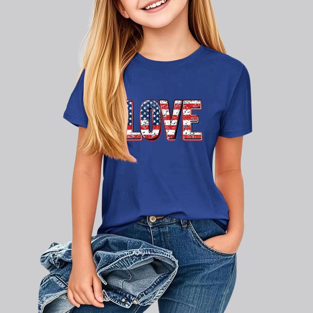 hengsof T-Shirt Imprimé Patriotique pour Filles à Thème Patriotique, Ample et Confortable, à Manches Courtes, Col Ras du Cou, Haut Convenant aux Enfants, Tailles 2-13 Ans