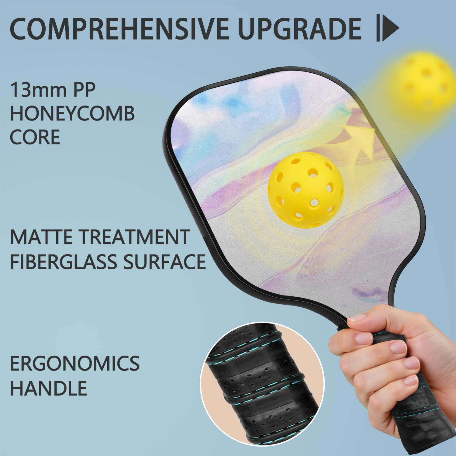 Pickleball Paddles Set Of 1, Fiberglass Surface, Liquid & Marble Print, 1 Paddles, 2 Balls & Bag