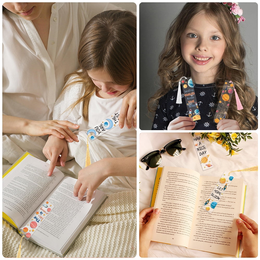 DIY Space Theme Mixed Pattern Paper Bookmarks Making Kits with Plastic Stickers Acrylic Bookmark Polyester Tassel Mixed Color for DIY