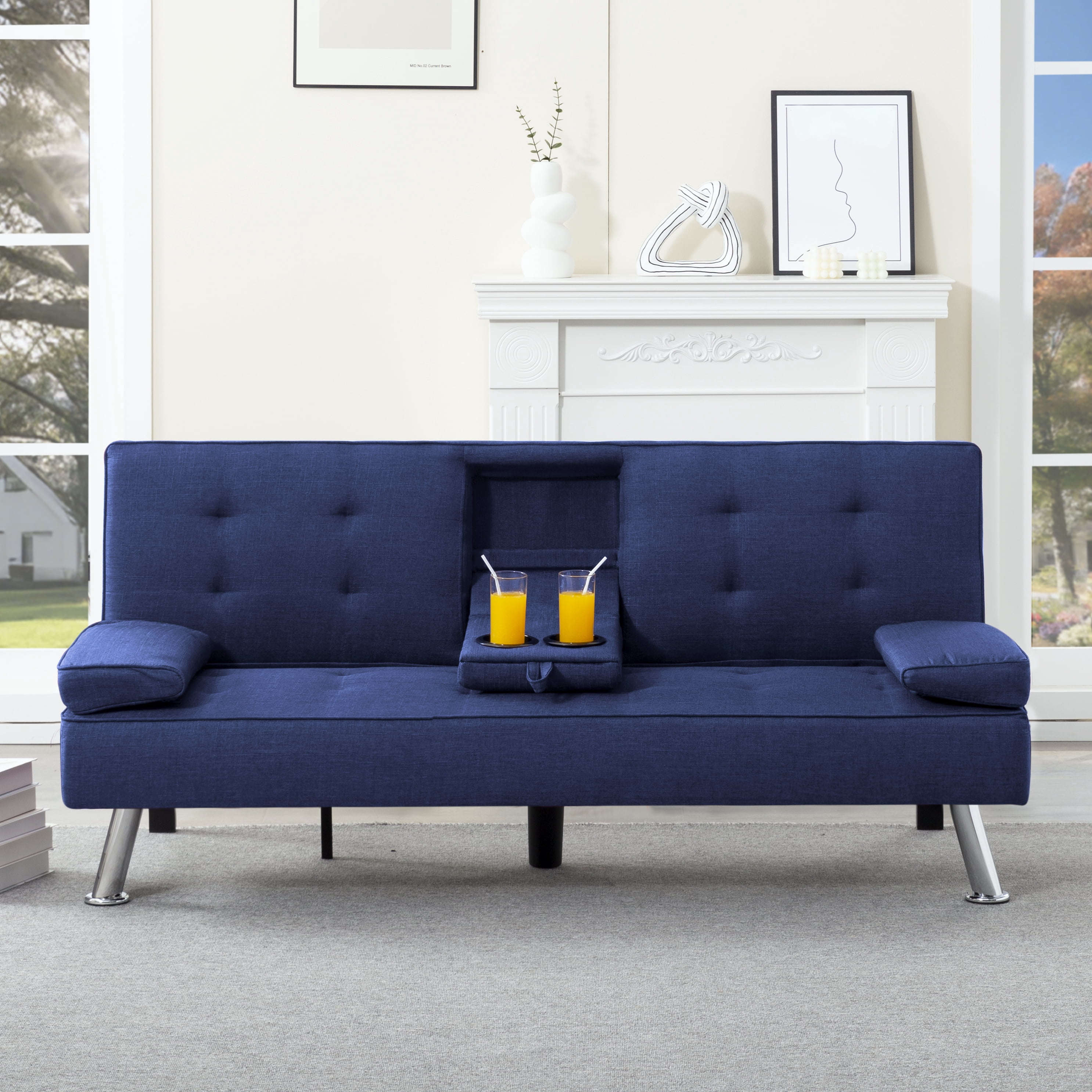 Gewnee 65.35" 3‑in‑1 Convertible Futon Sleeper Sofa,Sofa Bed with Cup Holders & Storage Bag ,Polyester Foldable Sleeper Couch with Adjustable Backrest for Small Apartments & Office，Navy Blue
