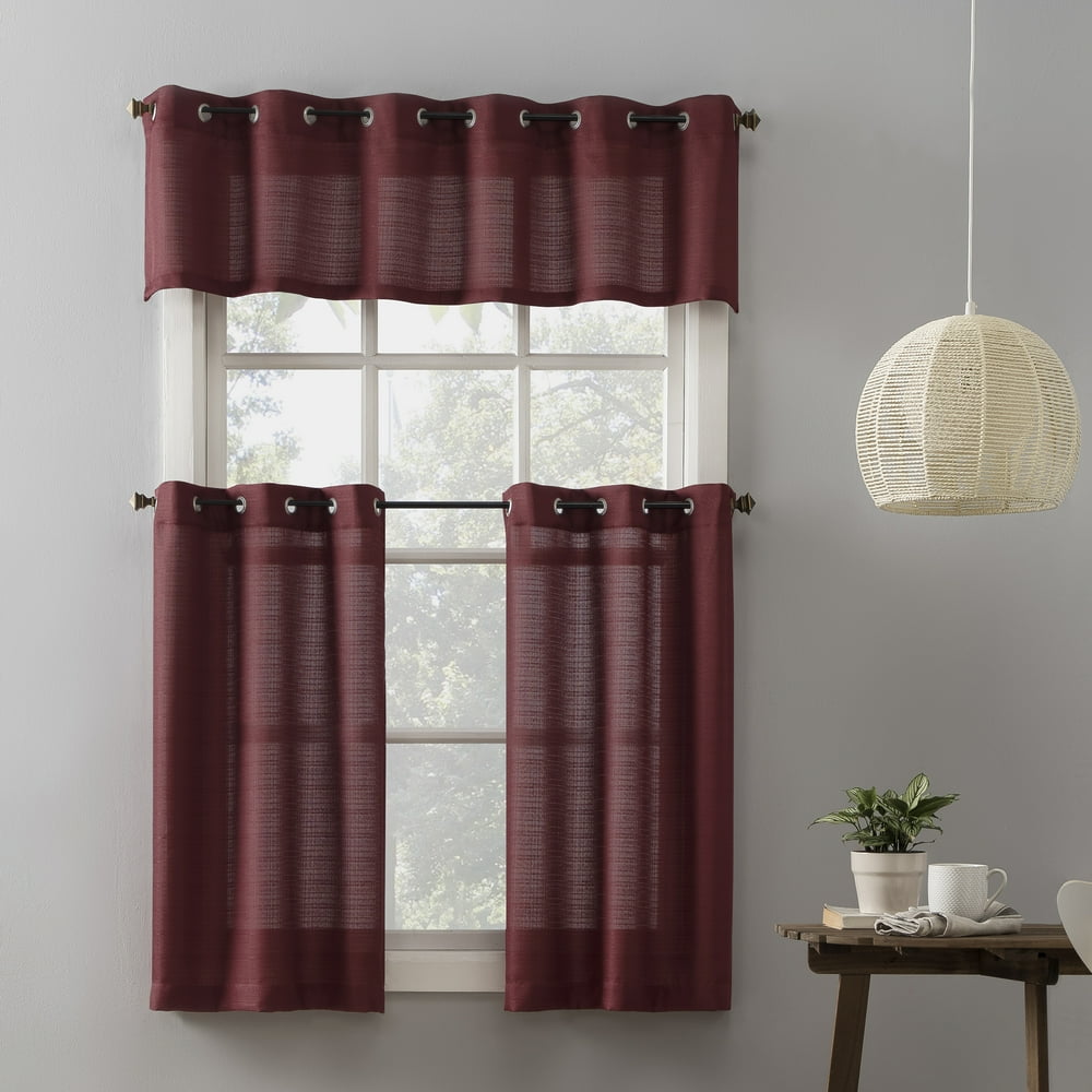 Mainstays Elevated Solid 3 Piece Kitchen Curtain Set, 54" X 36", Wine