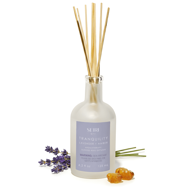 Seiri Difusor de Varitas Aromatizante de Ambiente + Fragancia Premium Certificada + Diseño Elegante + 125 ml y 8 Varitas (Lavender Amber Tranquility)