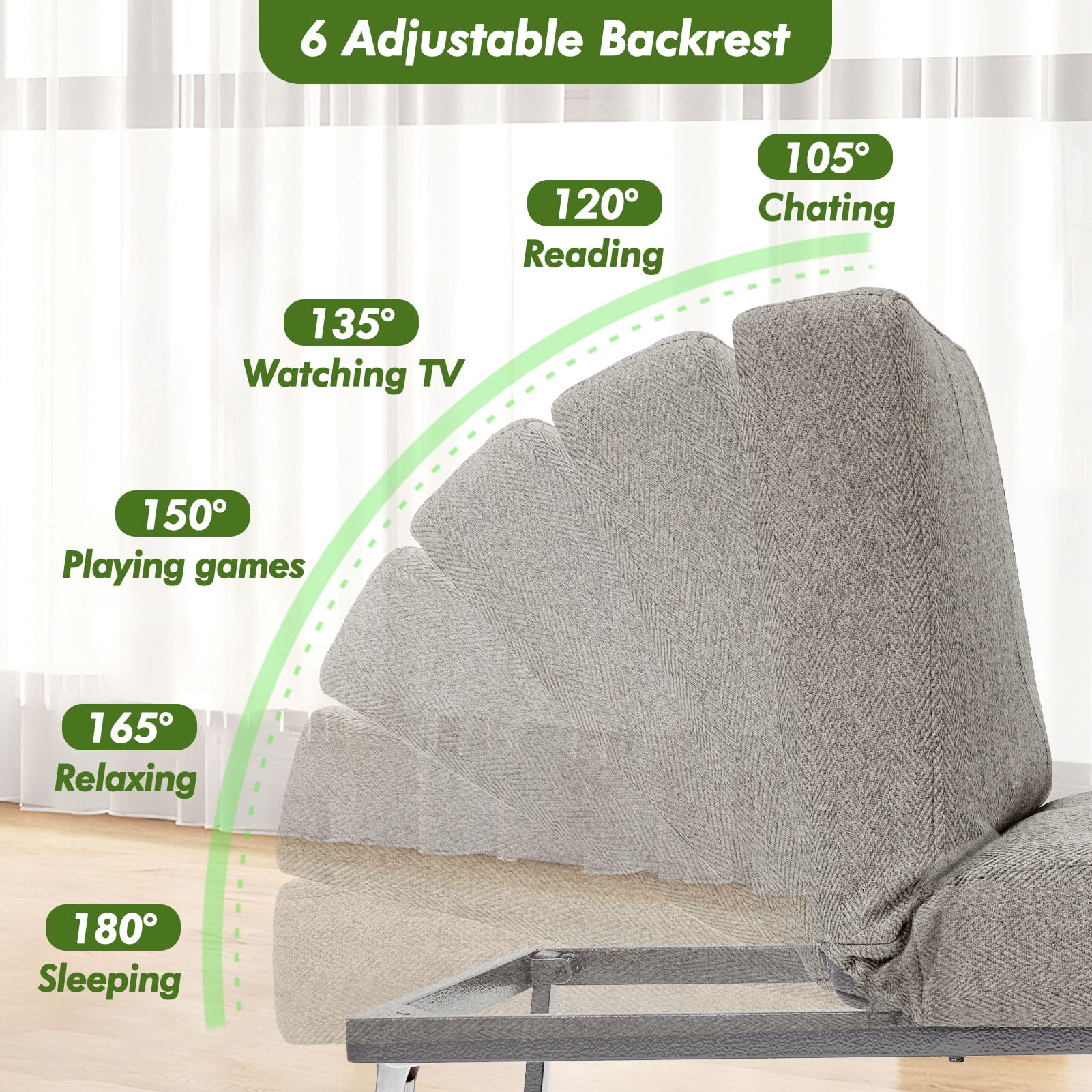zzw 5-in-1 Convertible Sleeper Sofa Chair, Adjustable Linen Folding Ottoman Bed, Assembly-Free for Apartment Living Room