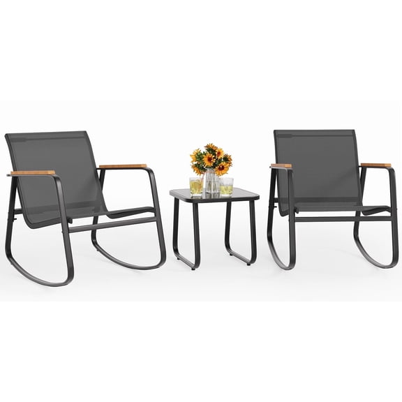 Noelse 3 Piece Outdoor Rocking Chair Set with Coffee Table, Patio Furniture Set with Breathable Textilene, Wooden Armrests, Black