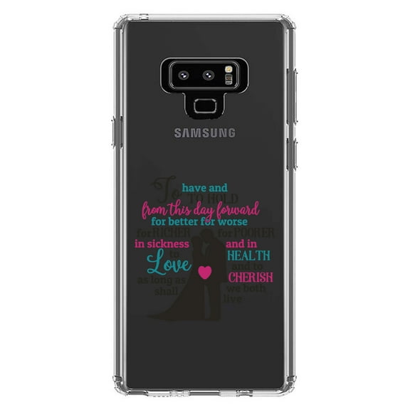 DistinctInk Clear Shockproof Hybrid Case for Samsung Galaxy Note 9 - TPU Bumper Acrylic Back Tempered Glass Screen Protector - To Have & To Hold From This Day Forward