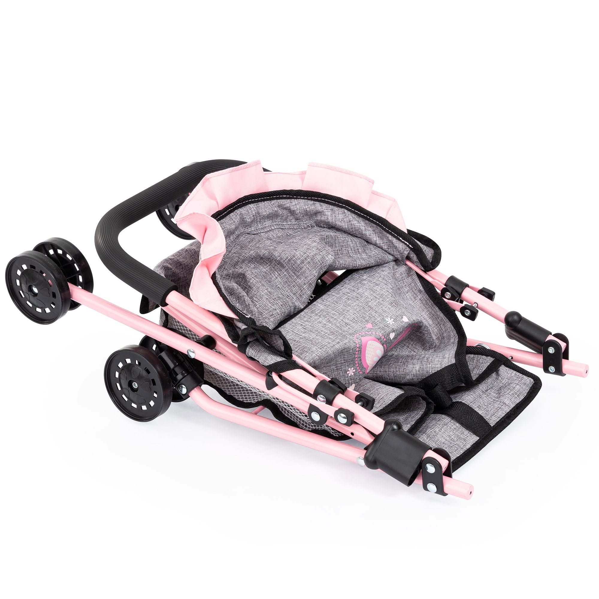 Bayer Design: Doll Buggy - Grey-Soft Pink-Butterfly - Handbag, Folding Play Stroller For Dolls Up To 16", Sunshade, Swivel Wheels, Seat Belt, Kids 3+
