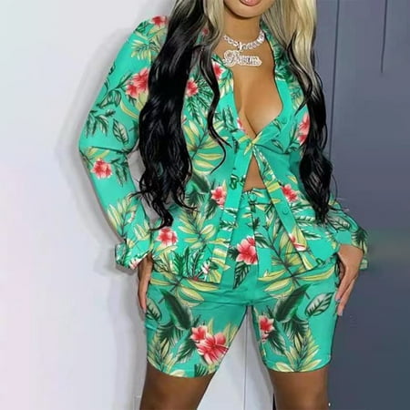 

Women Casual Print Button Shirt Short Set Two Piece Lounge Wear Tracksuit Outfit