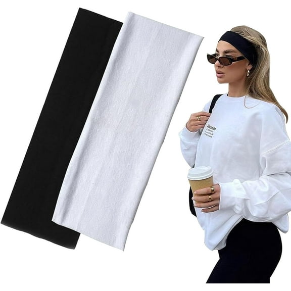 BZUEPRS 7cm Wide Black Headbands for Women Men, 2pack Fashion Head Bands for Women's Hair, Soft Fabric Stretchy Hair Bands for Makeup, Yoga, Running, Sports (Black/White)
