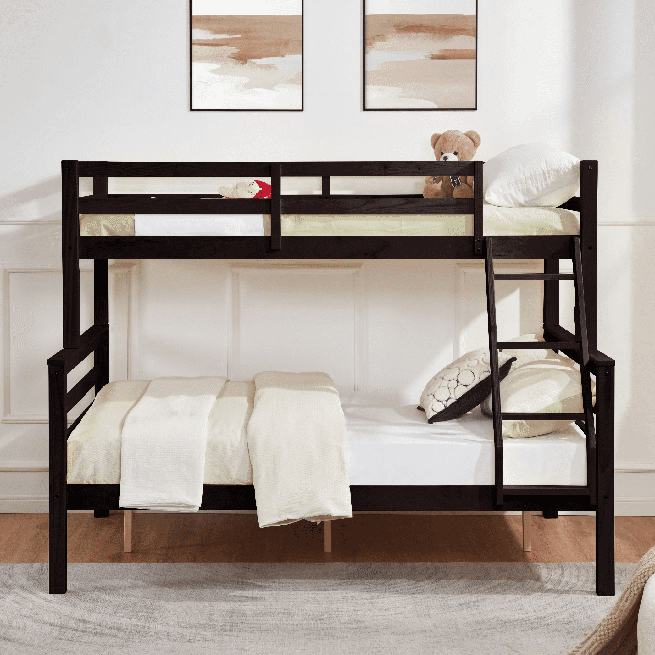 MAYEERTY Twin over Full Bunk Bed with Thick Posts, Wooden Bed Frame with High Guardrail and Ladder for Kids, No Box Spring Needed, Espresso