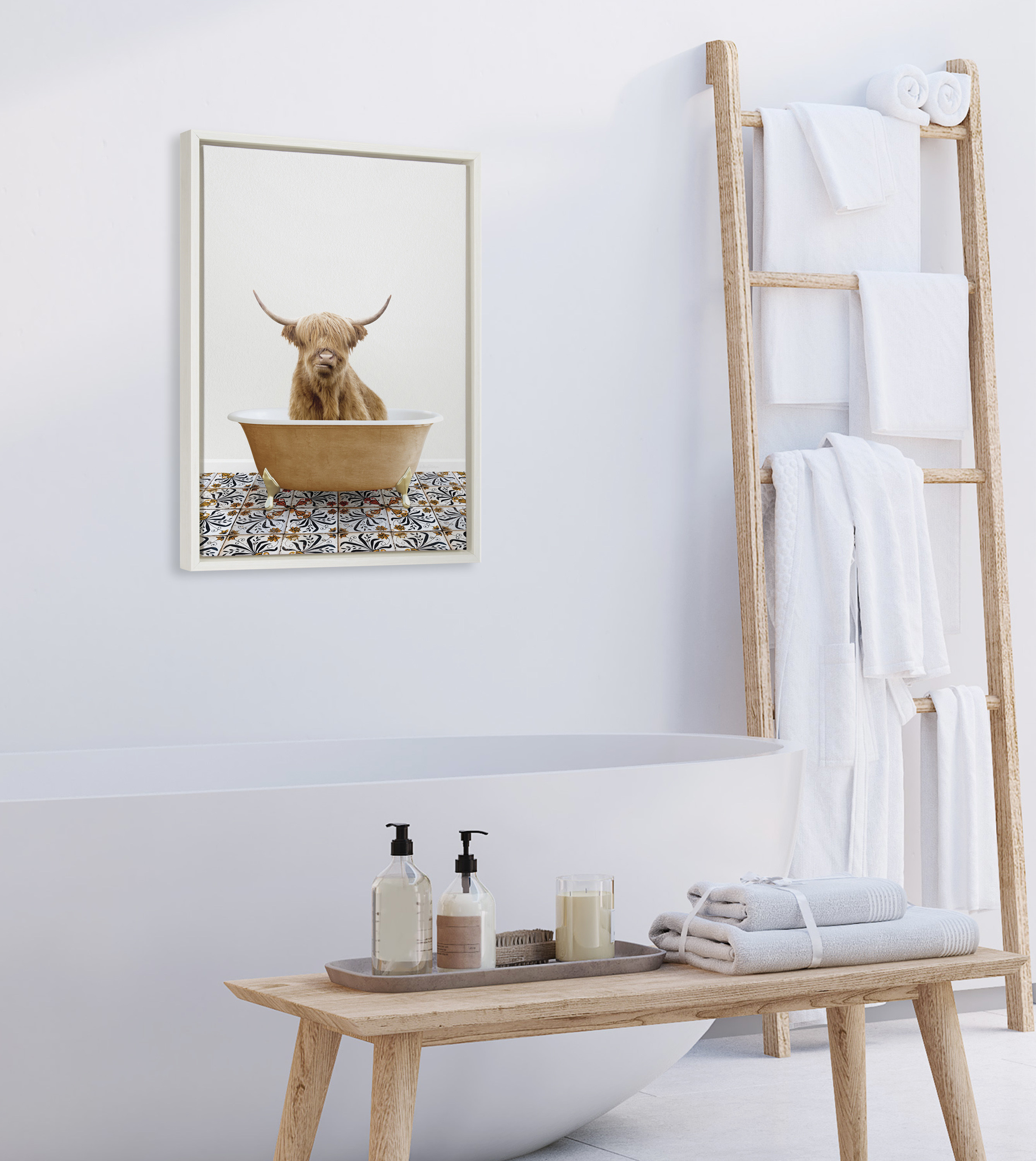 Kate and Laurel Sylvie Highland Cow In Mediterranean Bath Framed Canvas Wall Art by Amy Peterson Art Studio, 18x24 White, Whimsical Animal Art for Wall