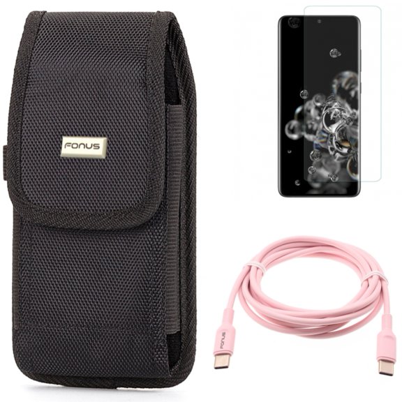 Pink 6ft Long Cable w Screen Protector w Case Belt Clip for Samsung Galaxy S20 Ultra - USB-C to Type-C PD Fast Charger Cord, Tempered Glass [Fingerprint Unlock] 3D Curved Edge fits Galaxy S20 Ultra