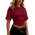 thumbnail image 2 of aohooy Women's Short Sleeve Ruched Cinched Waist Crop Top Summer Crew Neck Going Out Tops Fitted Half Sleeve Y2K Tee Shirts 2026 Wine,L, 2 of 8