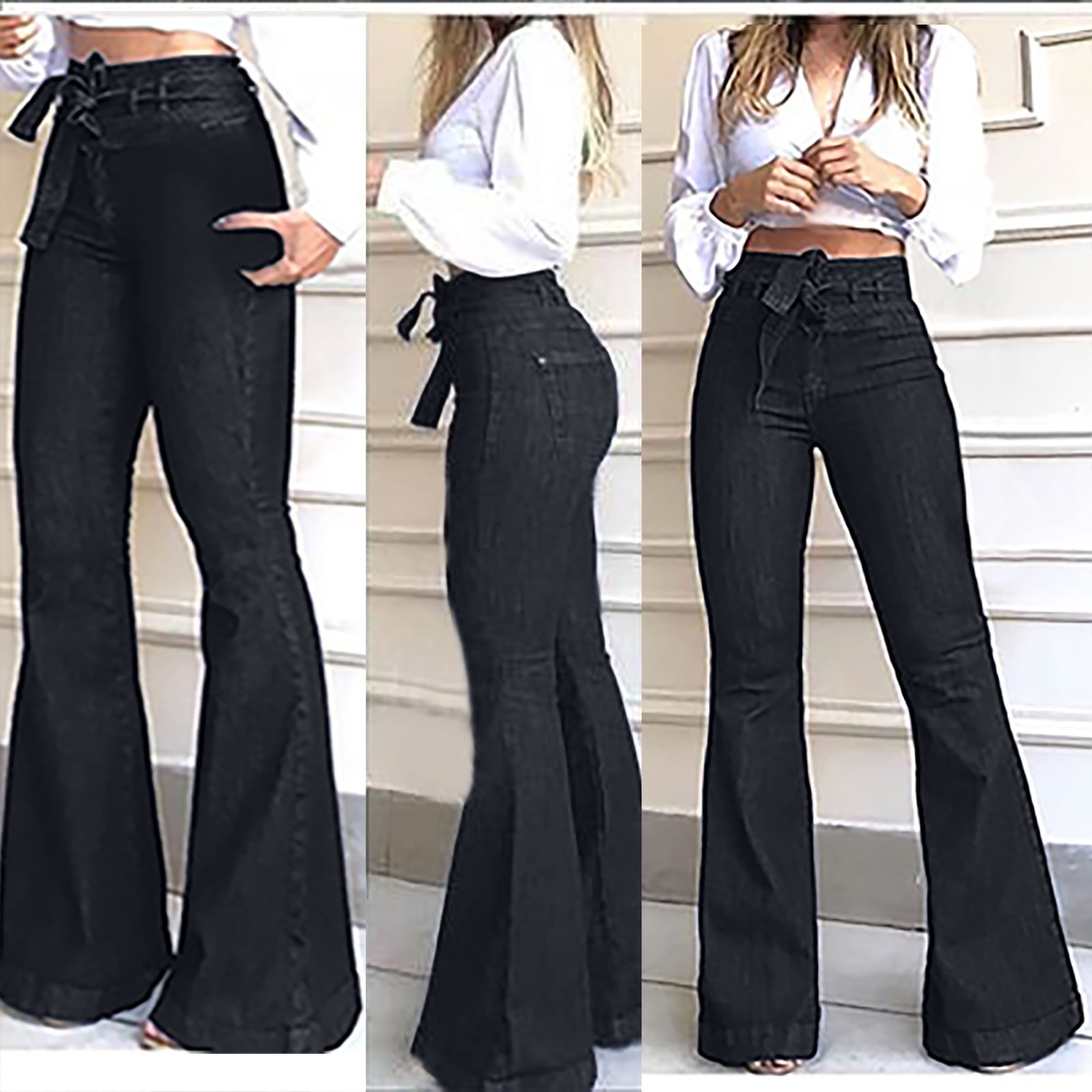 Denim Tie Flare Leg Pants for Women Solid Color High Waist Bell Bottom Pants  with Pockets Slim-Fit Ankle Length Jeans Trousers 