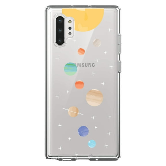 DistinctInk Clear Shockproof Hybrid Case for Galaxy Note 10 PLUS (6.8" Screen) - TPU Bumper, Acrylic Back, Tempered Glass Screen Protector - Solar System - Planets with Sun